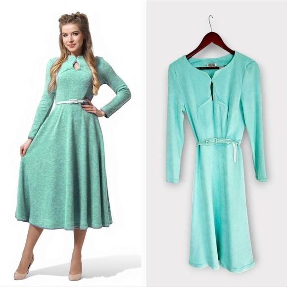 NWT Lila Kass Elegant Wool Mohair Belted Long Sleeve Midi Dress in Mint Green 8 - Picture 2 of 10